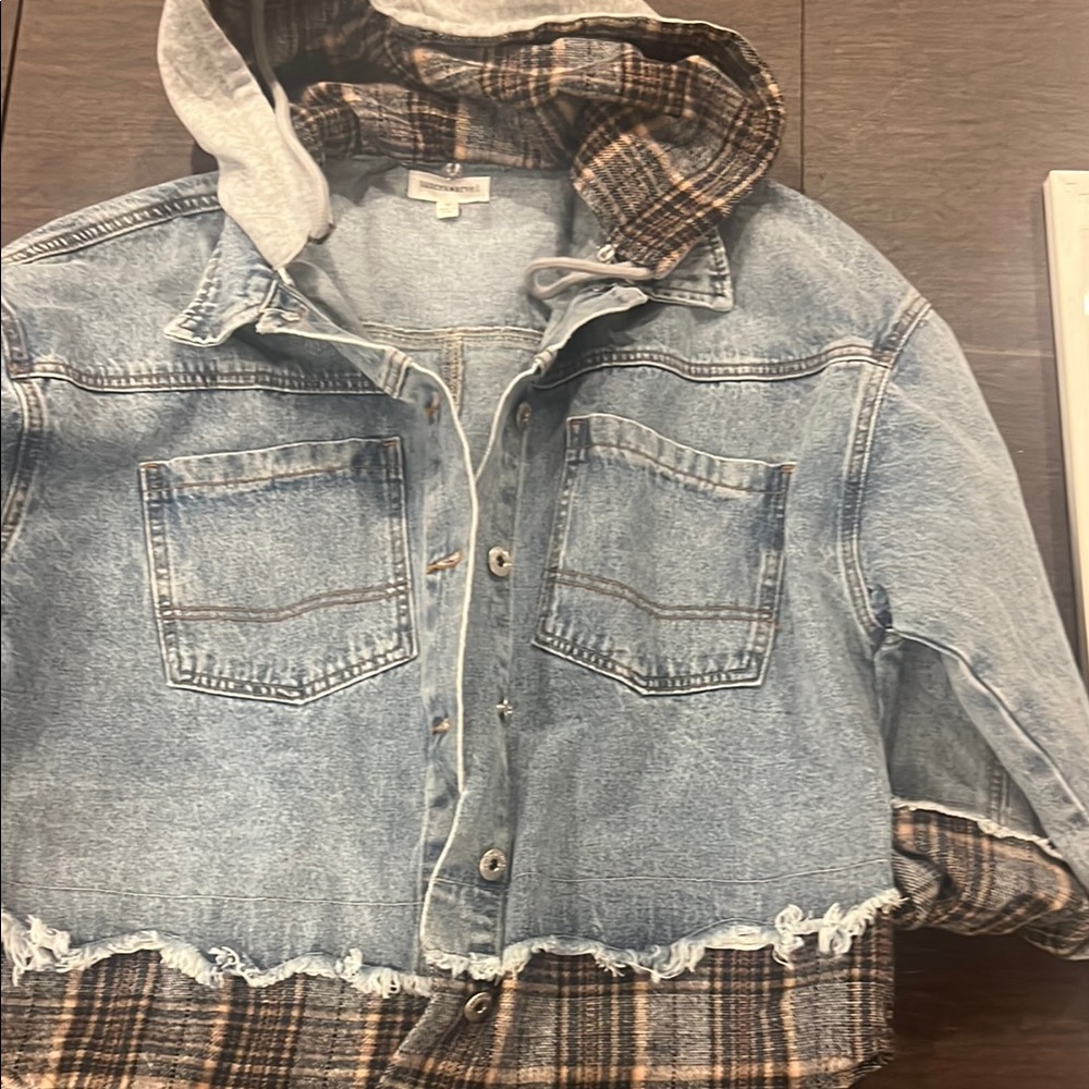 Denim Jacket with Plaid Lining and Hood